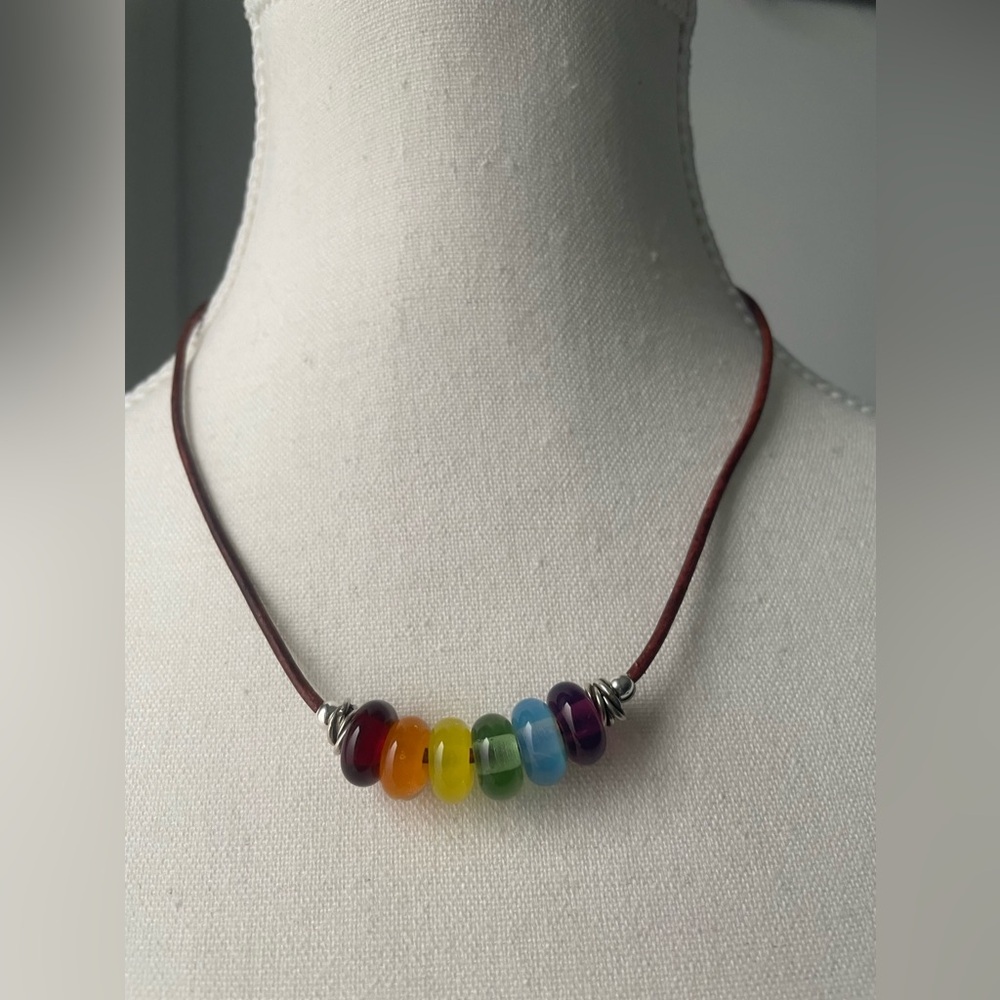Necklace, Handcrafted Glass Beads, leather cord Rainbow